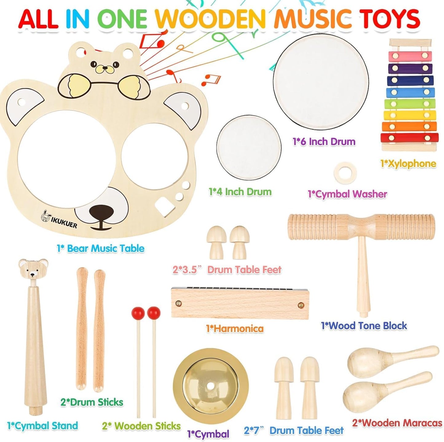 9 in 1 Kids Drum Set YOMESTE Toddlers Birthday Gift Wooden Xylophone Musical Instruments Kit,Montessori Musical Instruments Toys for Kids,Happy Gift ^_^ (Wooden Xylophone Drum Set)