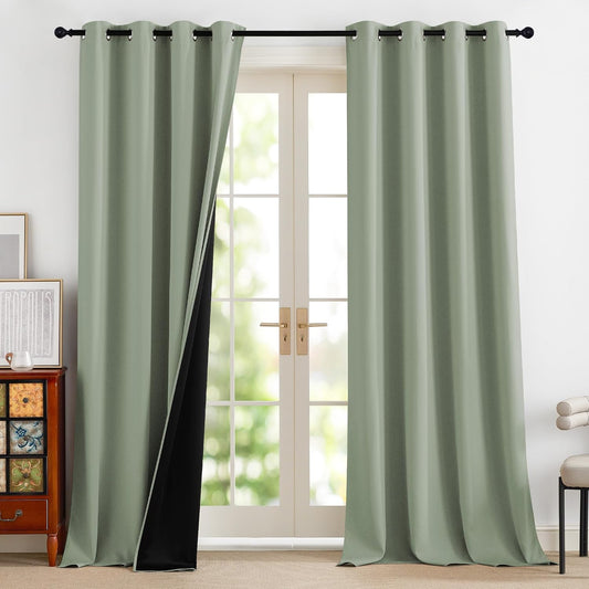 NICETOWN 100% Blackout Curtains 96 Inch Length for Bedroom, Total Blackout Thermal Insulated Grommet Window Drapes for Living Room, 2 Panels, Sage Green, 52 x 96 Inch