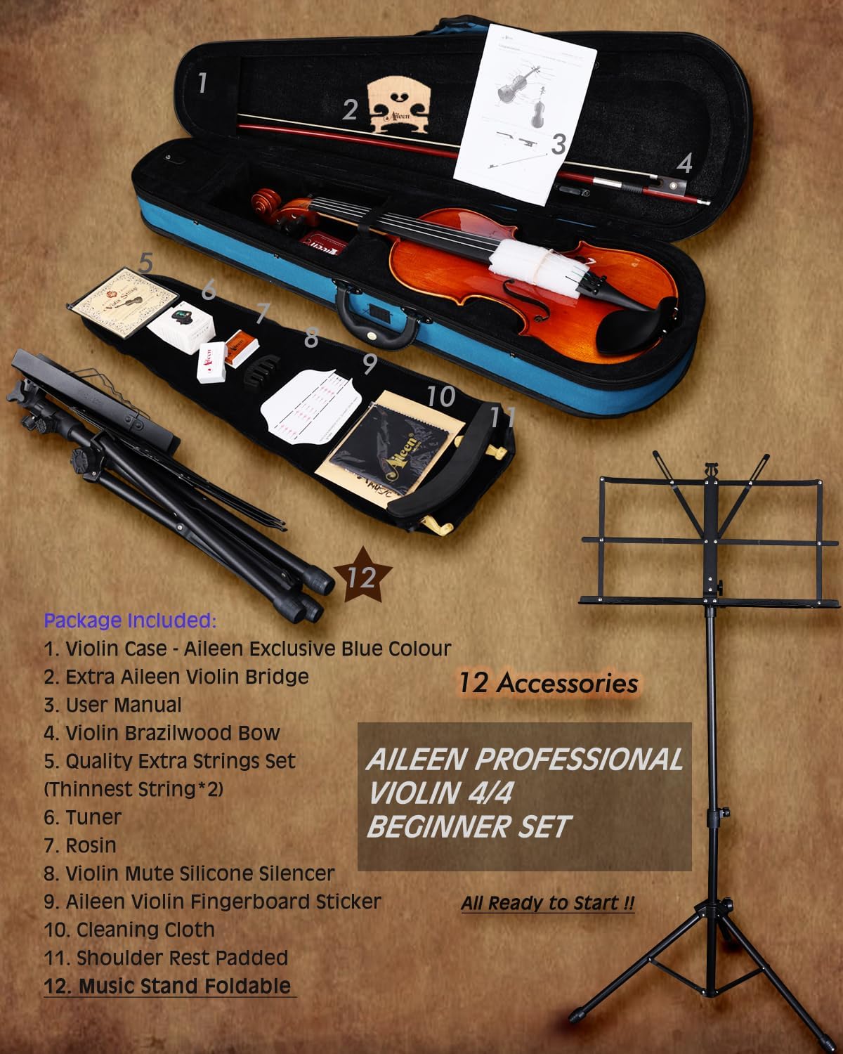 Aileen Solid Wood Violin 4/4 Full Size for Adults and Kids Age 12+, Fiddle Set for Beginners Student, Professional Violin Starter Kit with 12 Accessories (Selected European Solid Spruce and Maple)
