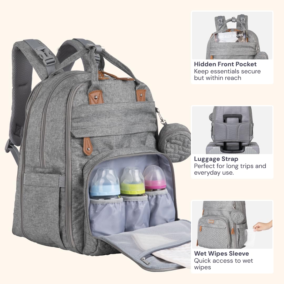 BabbleRoo Extra Large Diaper Bag Backpack, Expandable Baby Bag with Up to 50% More Capacity - Travel Essentials Baby Bag Tote with Changing Pad, Stroller Straps & Pacifier Case - Unisex, Light Gray
