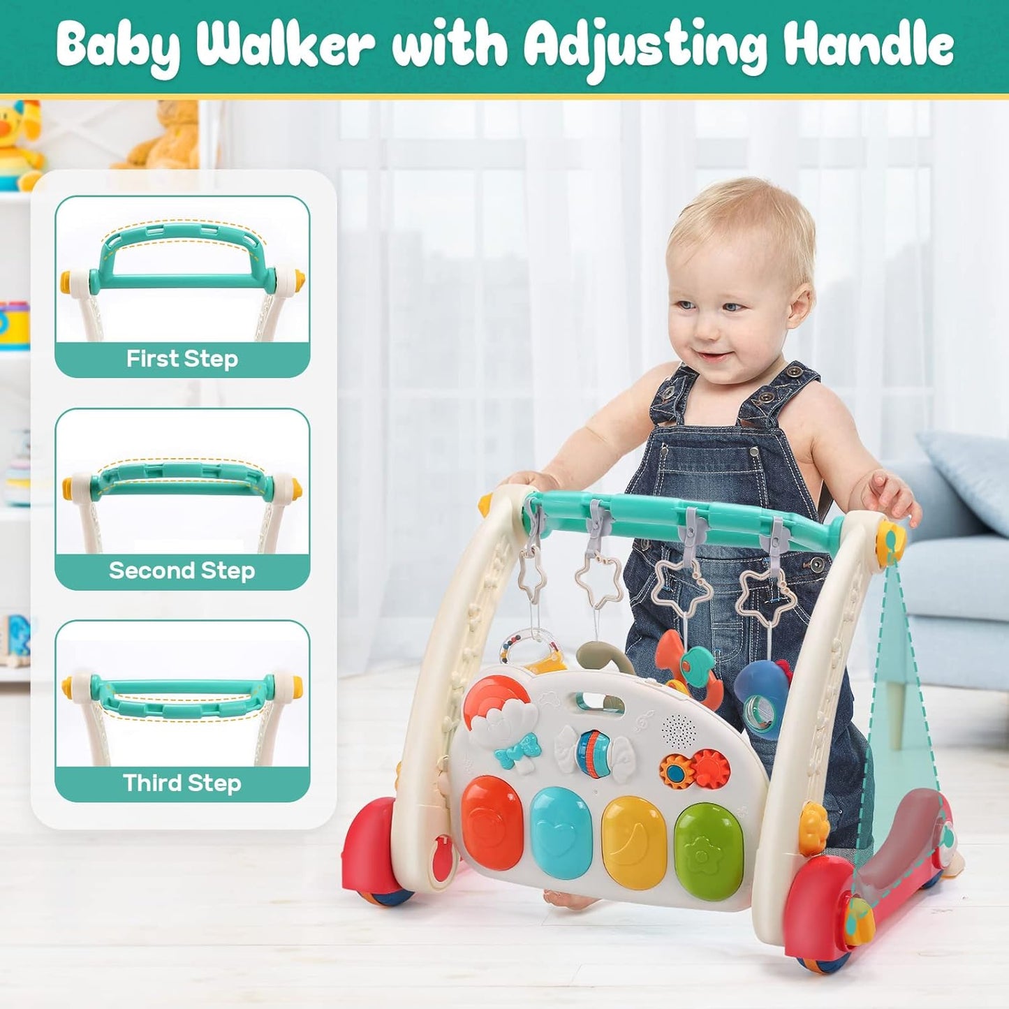 CUTE STONE Baby Gym Play Mat & Learning Walker, Activity Mat with Play Piano, Musical Activity Center with Lights, Baby Push Walkers & Tummy Time Mat for Infant Newborn Toddlers