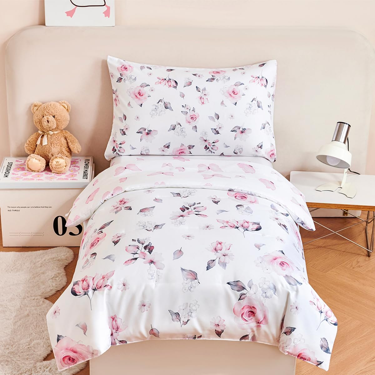 PERFEMET Floral Toddler Bedding 4-Piece Pink Flower Toddler Girls Comforter with Sheet Set Reversible Butterfly Crib Bed Sets-Comforter, Fitted Sheet,Flat Sheet,Pillowcase