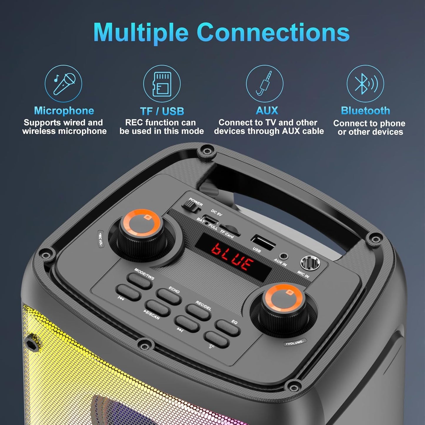 Portable Party Speaker, 80W Peak Wireless Bluetooth Speaker, PA System with LED Lights, Outdoor Bluetooth Speakers Supports for TF Card/USB, AUX in, FM, REC,TWS