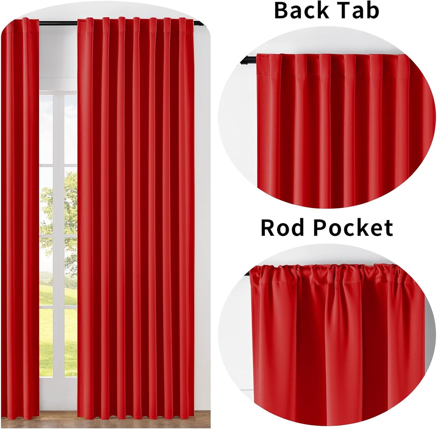 Joydeco 72 Inch Blackout Curtains for Bedroom, Thermal Insulated Black Out Curtains, Room Darkening Drapes for Living Room Window Rod Pocket Back Tab (W52 x L72 Inch, Red)