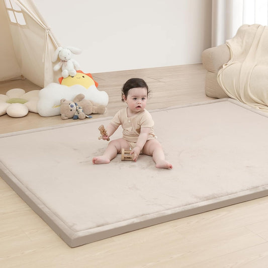 Baby Play Mat for Floor,1.3" Thick Memory foam Tummy Time Mat,Soft Coral Velvet Nursery Rug for Toddlers,Infants,kids,Extra Large Non Slip for Crawling,Yoga,Tatami Style for Living Room(Beige)
