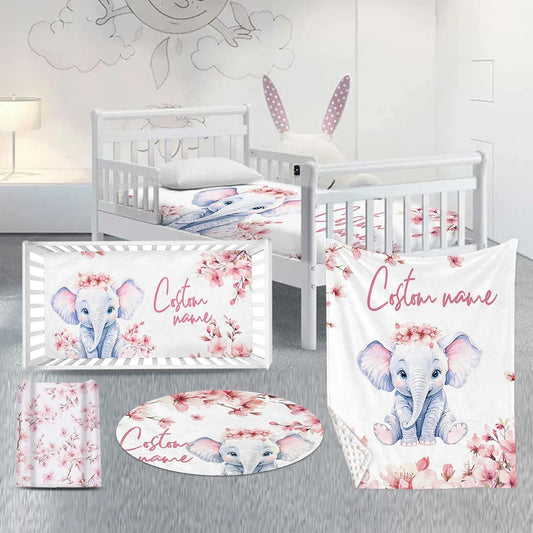 Custom Nursery Crib Bedding Set: 4 Piece Pink Flower Elephant Pattern Baby Crib Sets for Girls with Personalized Name - Toddler Double Layer Blanket Set, Comfortable Crib Bed Sheets for Baby Toddlers