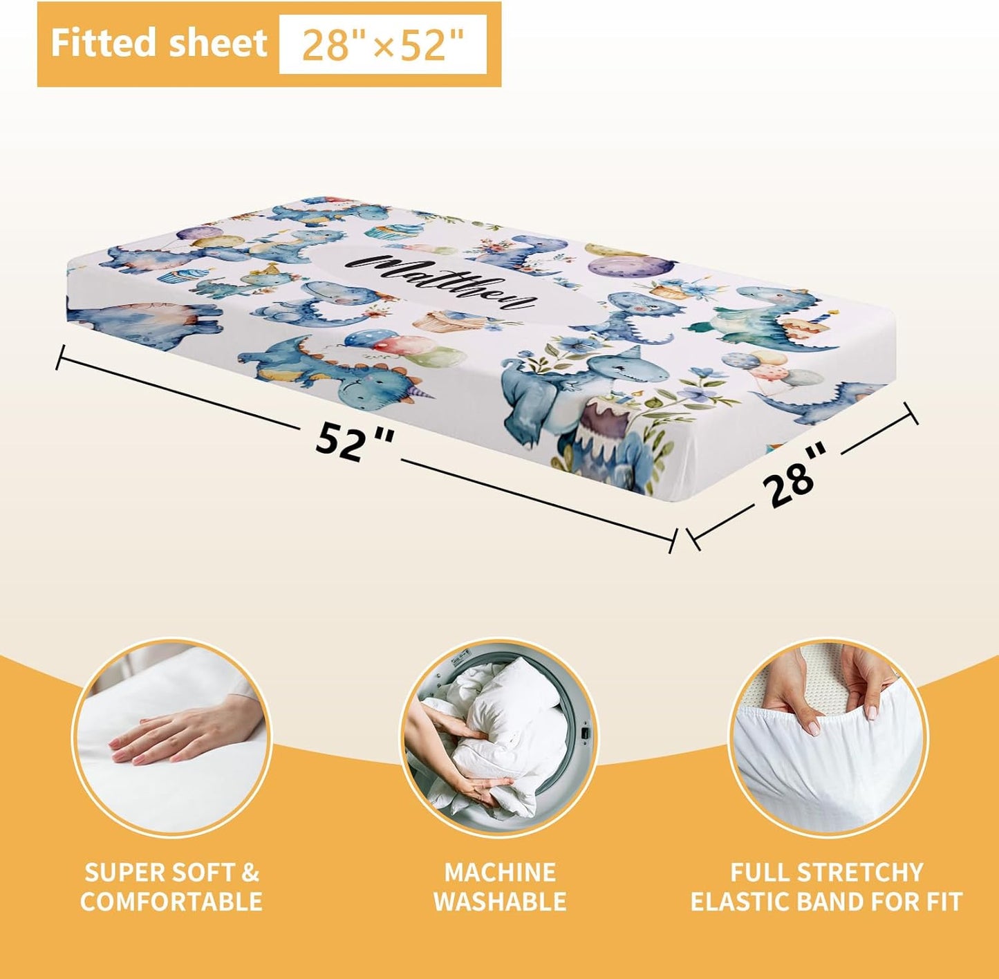 Custom Baby Crib Set - 5 Pcs Personalized Name Blue Dinosaur Crib Bedding Set for Infants Toddlers - Soft Double Layer Nursery Bedding Set for Boys - Customized Gifts for Baby Shower Birthday