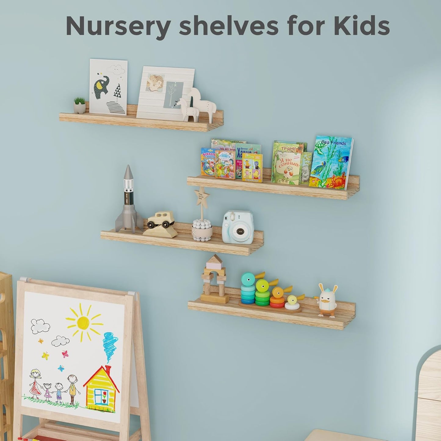 Fun Memories Picture Ledge Shelves 24 Inches Long, Rustic Wooden Floating Shelves with Lip Set of 4, Nursery Book Shelf for Kids Room, Farmhouse Wall Shelf for Living Room, Bedroom