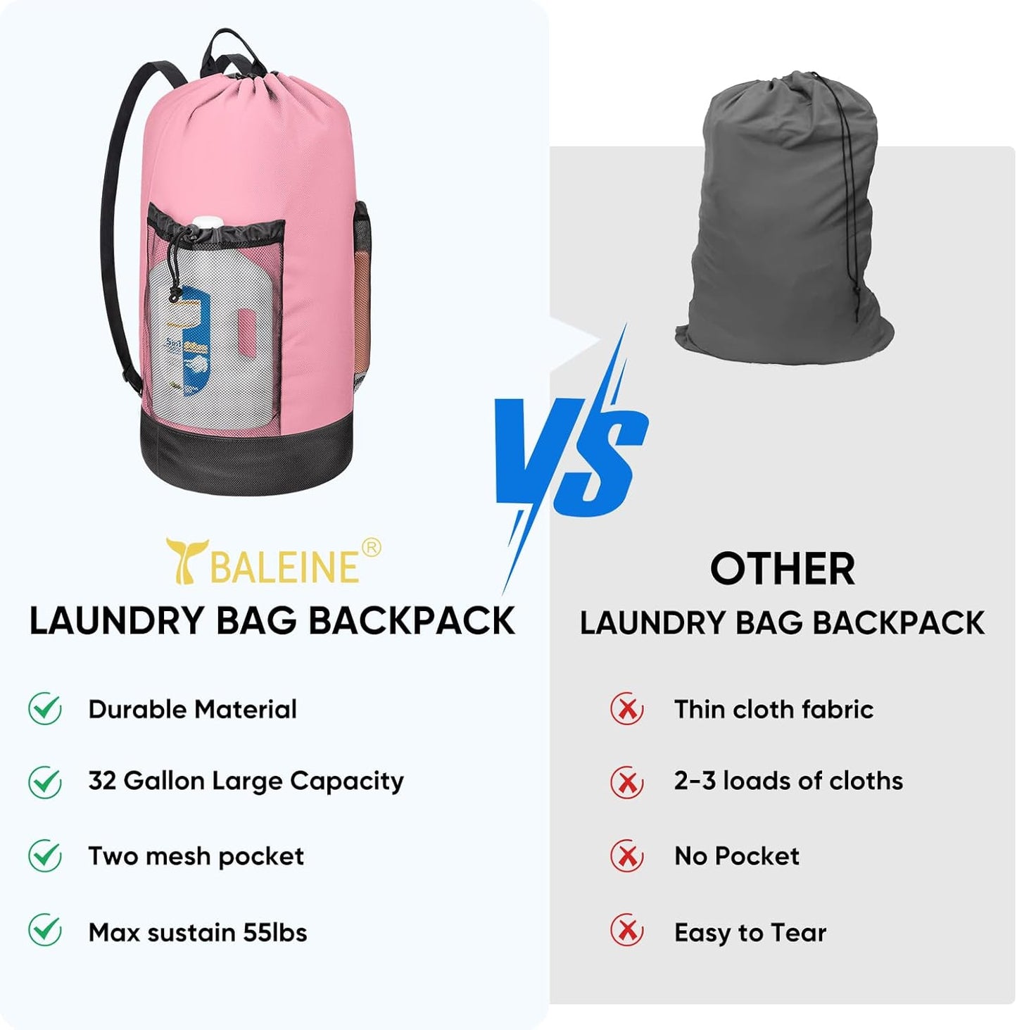 BALEINE 120L Laundry Bag Backpack, 900D Oxford Fabric Large Travel Laundry Bags with Shoulder Straps and 2 Mesh Pockets for College Dorm, Apartment, Laundromat (Pink, 120L)