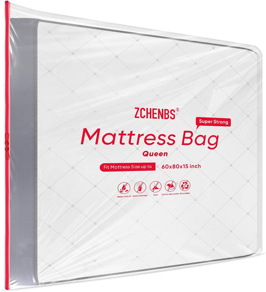 ZCHENBS® – Mattress Bags for Moving and Storage,Mattress Bag with Zippers,5 Mil Ultra-Thick Bed Bag,Waterproof,Anti-Tear,Heavy-Duty Mattress bag (Transaparent/Red, Queen-(2 Pack))