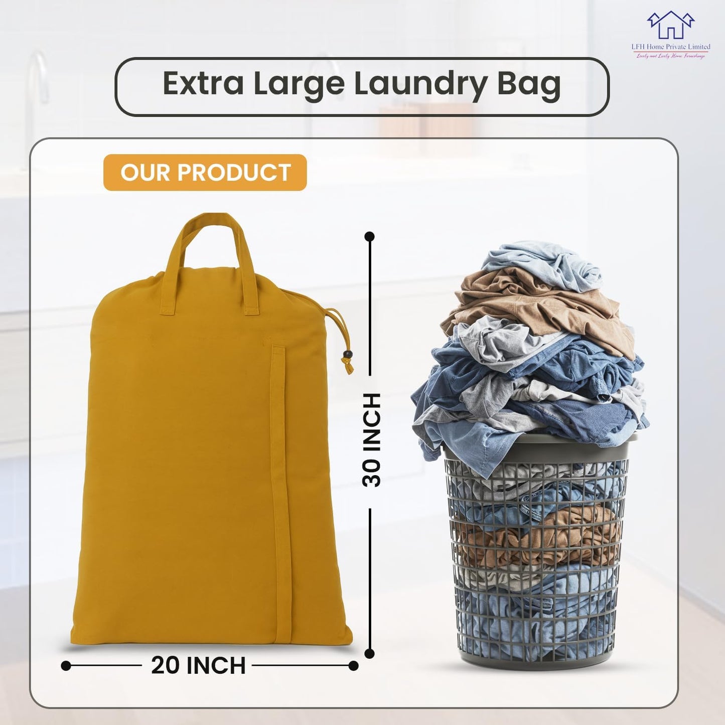 LFH Home Cotton Canvas Large Laundry Bag with Handle, Heavy Duty Drawstring Closure Washable Laundry Bags, School Travel, Home, Hotel, College Dorm, Organizer Sack, Toys Clothes 20x30-Yellow