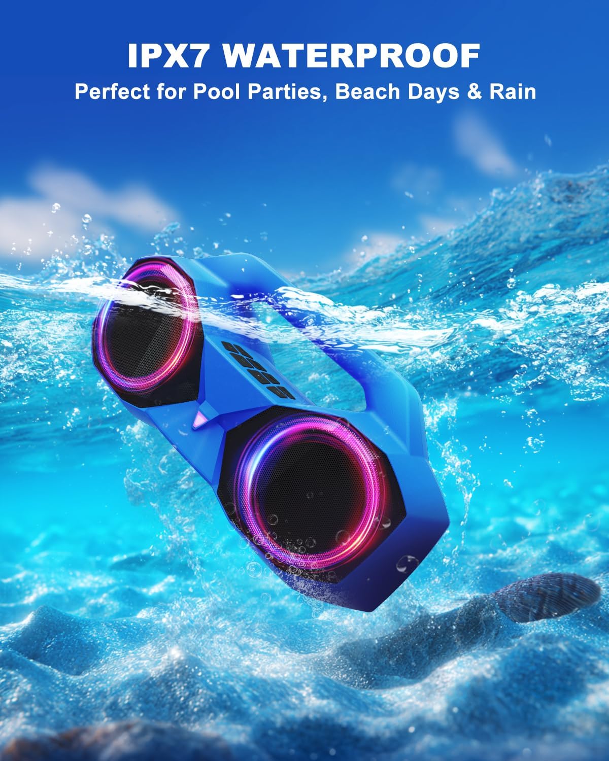 Bluetooth Speaker 80W(Peak)Loud with Bass, 20H Playtime, IPX7 Waterproof, RGB Lights, TWS, Large Portable Wireless Speakers for Outdoor, Home, Party, Pool, Beach, Tailgating, Gym, Work, Gifts (Blue)