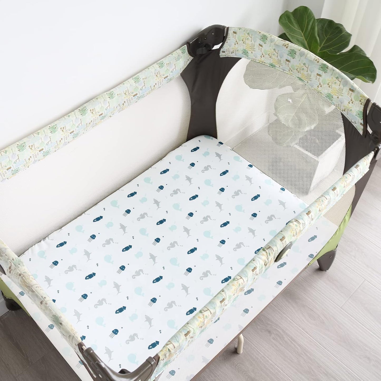 SPRINGSPIRIT Pack and Play Sheets, Pack n Play Sheets Ultra Soft, Mini Crib Sheets 4 Pack, Pack n Play Mattresses Sheets Compatible with Graco Pack n Play, Soft and Breathable, Aqua, Aqua + White