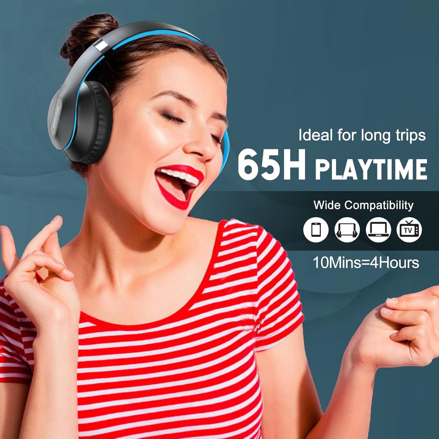 Wireless Bluetooth Headphones Over Ear, 65H Playtime HiFi Stereo Headset with Microphone and 6EQ Modes Foldable V5.3 Bluetooth Wireless Headphones for Travel Computer Laptop