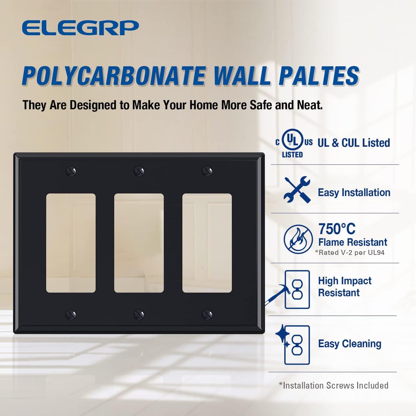 ELEGRP 3-Gang Decorative Wall Plates, Mid-Size 4.88" H x 6.75" L Unbreakable Thermoplastic Faceplate Cover for Decorator Receptacle Outlet Switch, UL Listed (1 Pack, Glossy Black)