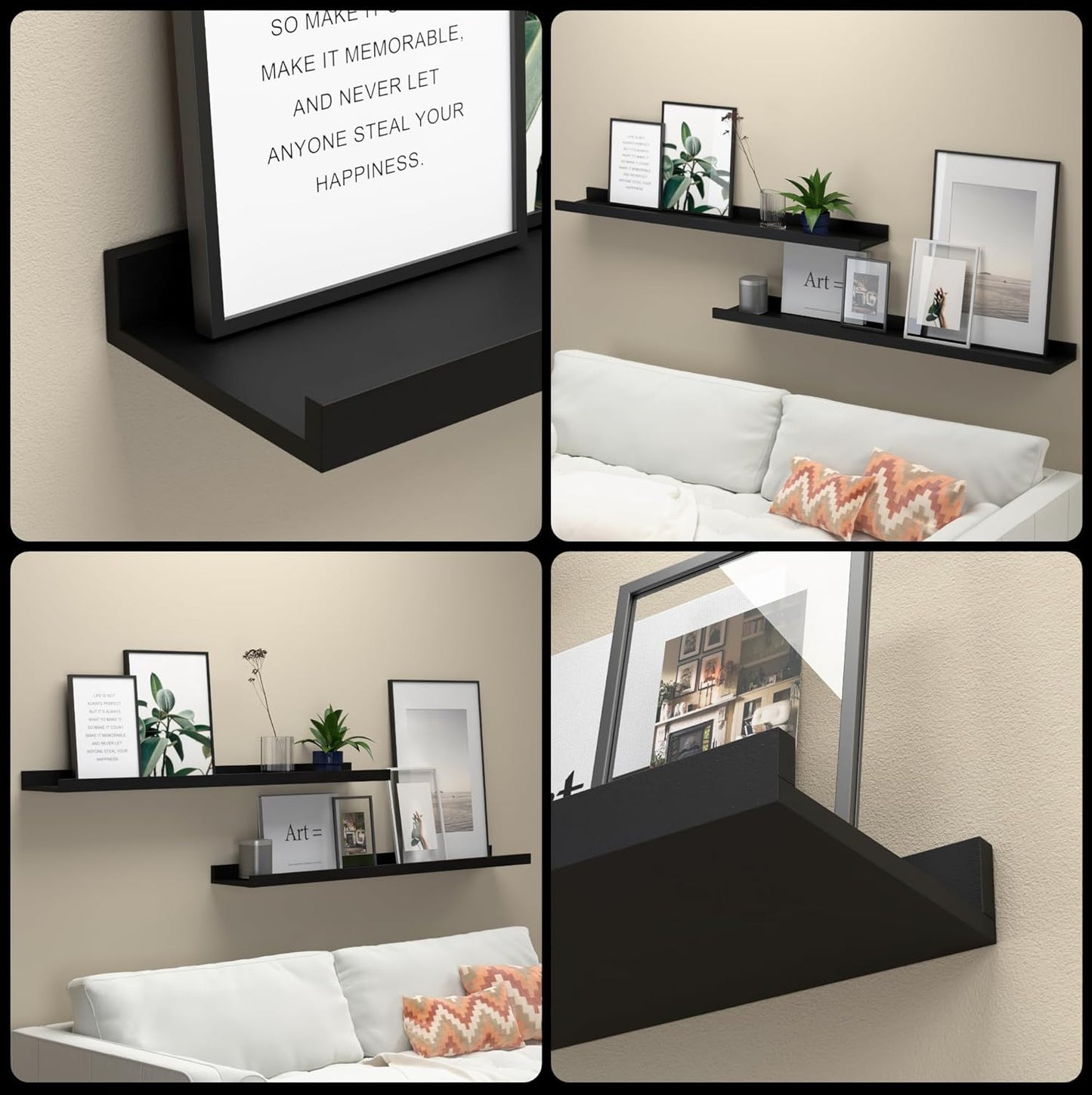 35.4 Inches Long Floating Shelves Wall Mounted, 2 Set Modern Black Wall Shelf for Bedroom, Nursery Book Shelf with Lip, Picture Ledge Shelf for Wall Decor Living Room Bathroom Kitchen- Black