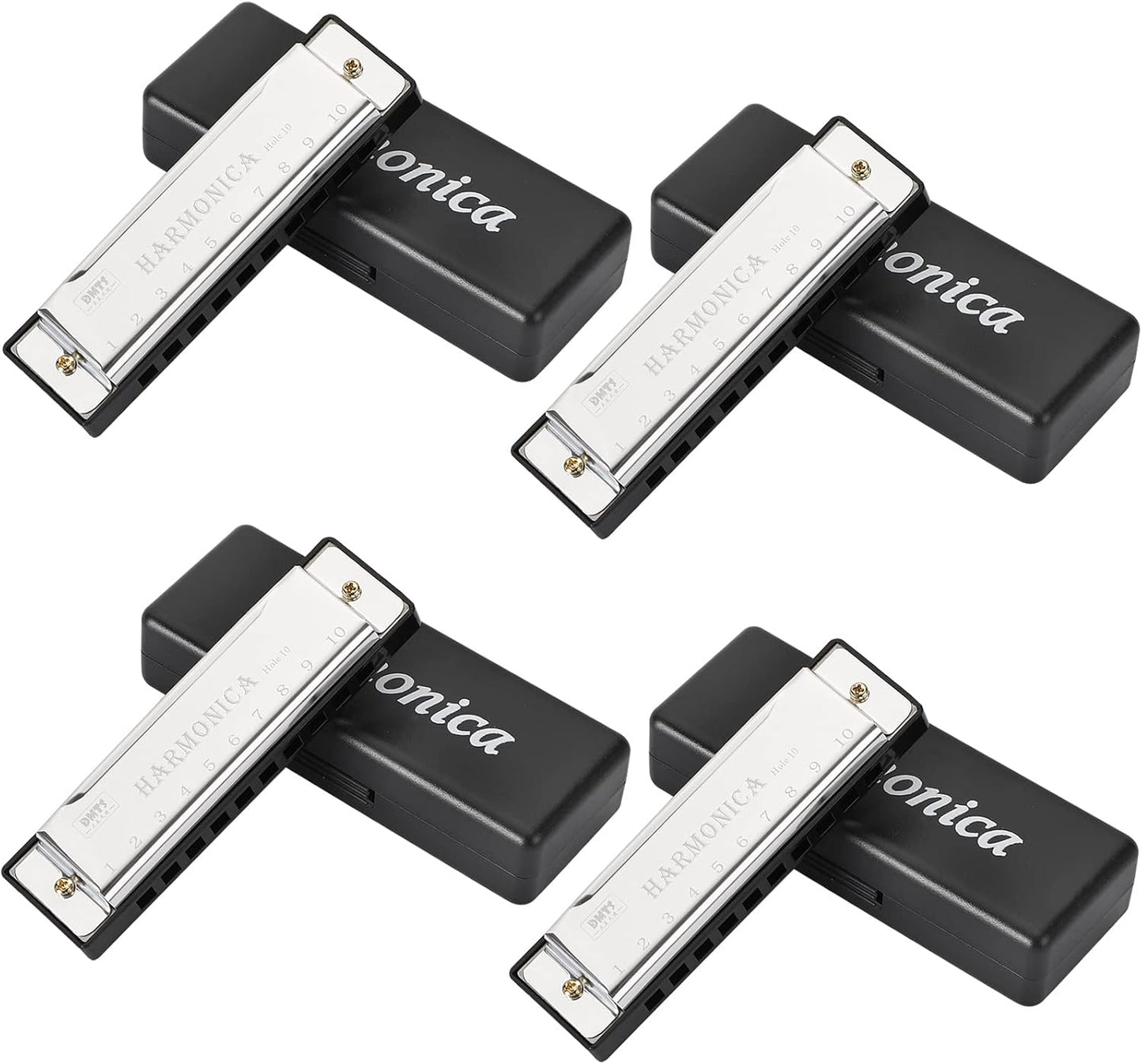 UPINS Harmonica, 4PCS Key of C 10 Hole 10 Tones Titanium Color Harmonica with Case for Beginner (Silvery)