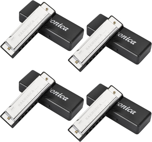 UPINS Harmonica, 4PCS Key of C 10 Hole 10 Tones Titanium Color Harmonica with Case for Beginner (Silvery)