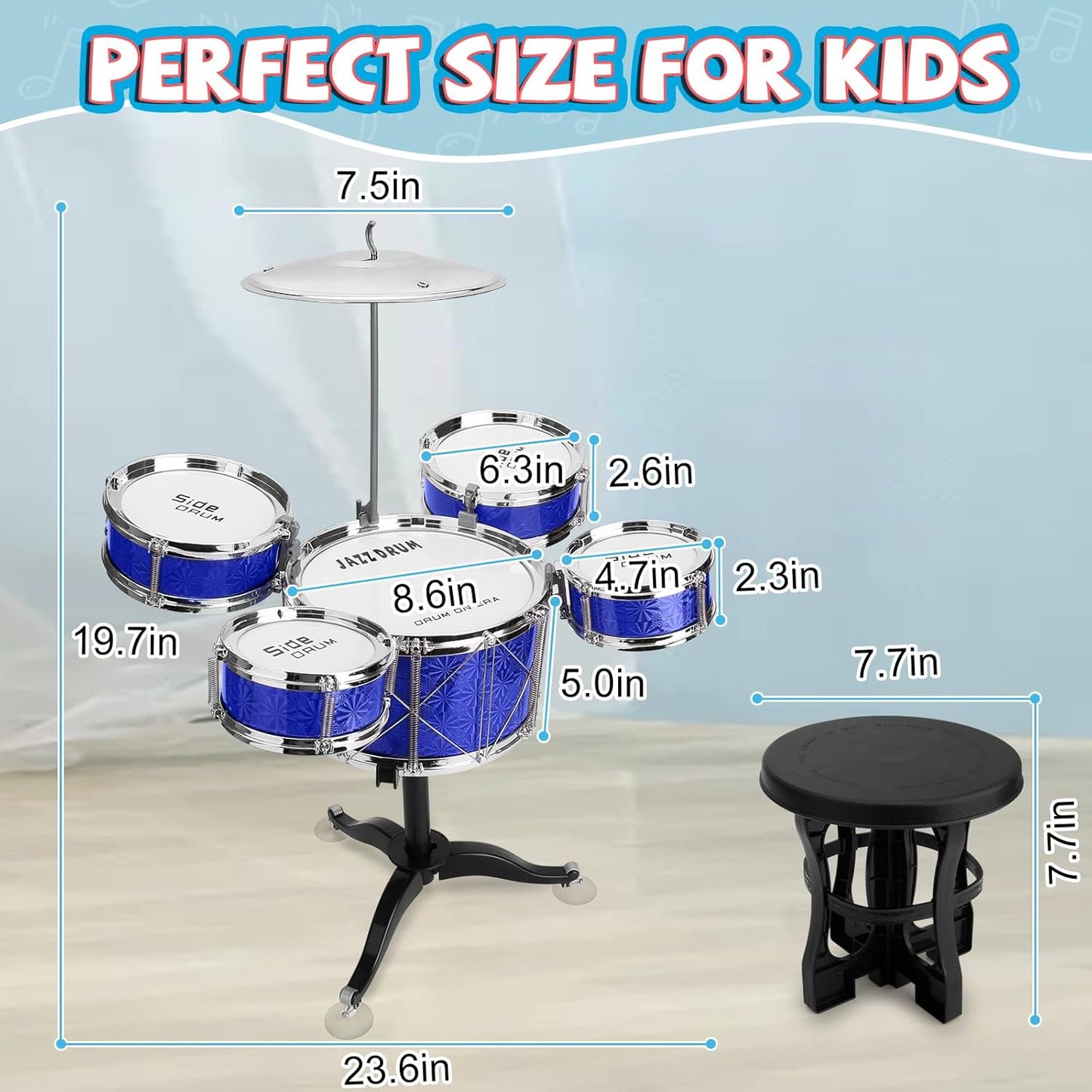 Toddler Drum Set Kids Jazz Drum Kit 8 Piece - Educational Percussion Musical Instruments Drum Toy Playset Christmas Birthday Gift for Boys Girls, Blue