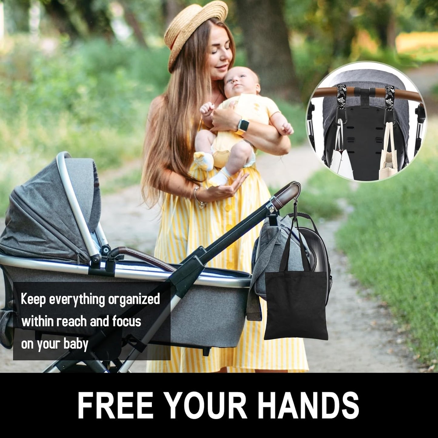 Baby Stroller Hooks for Hanging Bags, Universal Stroller Clips Accessories, Mommy Hook for Diaper Bag, Shopping Cart, Purse, Backpack - 2 Pack, Black Flower