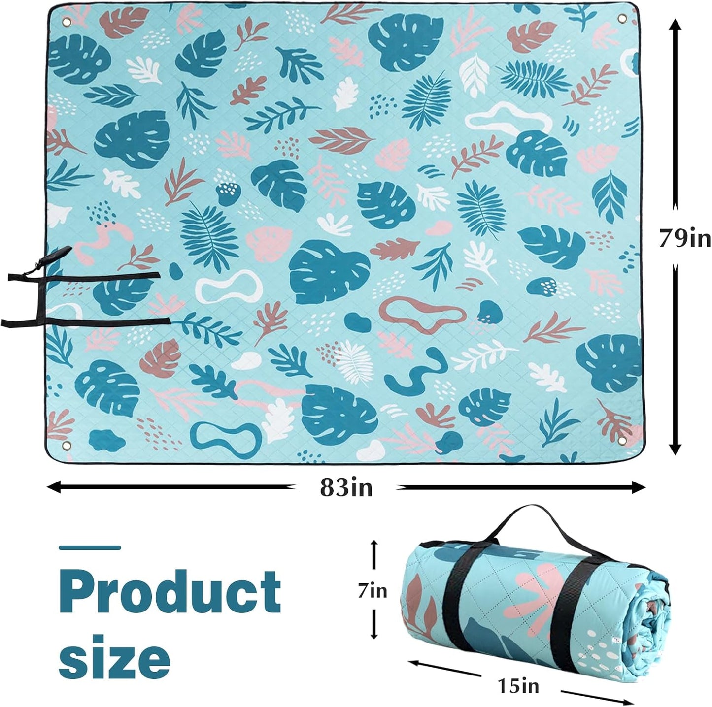 PY SUPER MODE Extra Large Waterproof Picnic Blankets 83x79 Inches - 5 Layer Outdoor Picnic Mat for Beach Camping Park Lawn, Windproof Anchor System with Stakes, Foldable Blue&Green