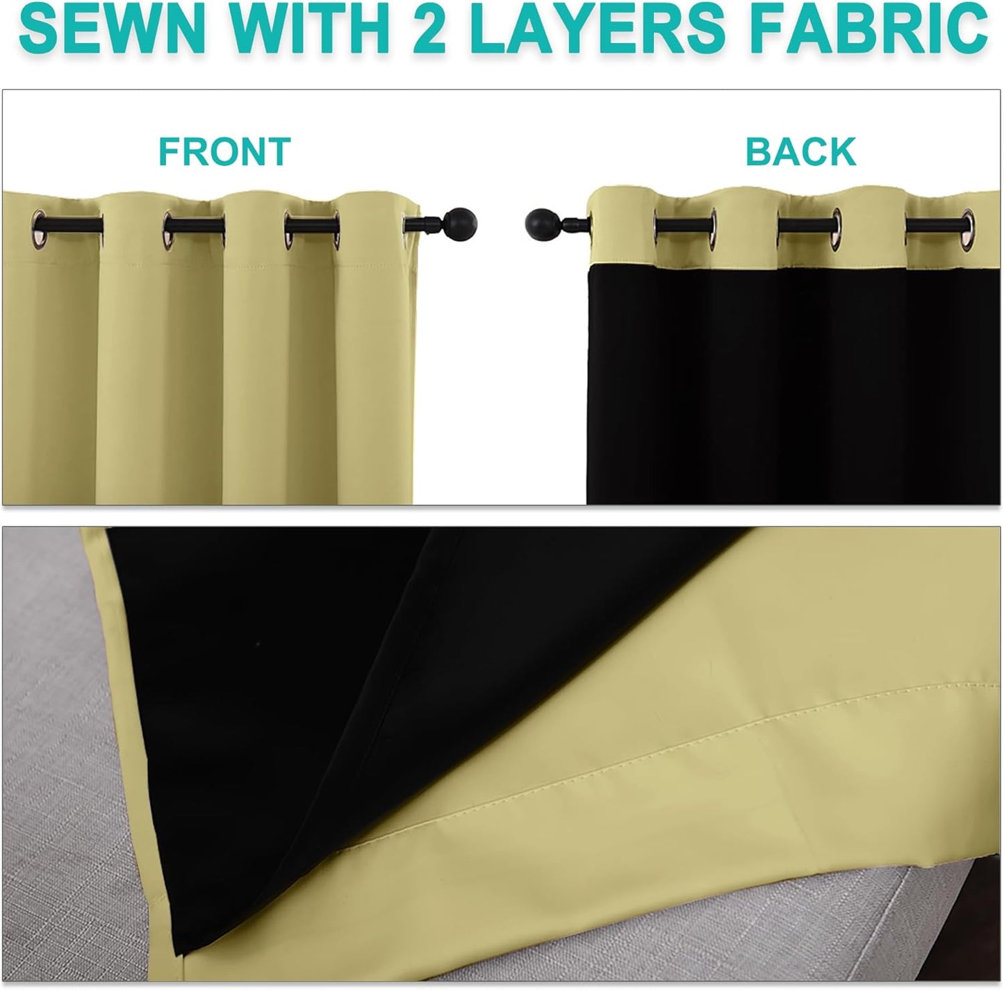 NICETOWN 100% Blackout Curtains with Black Liners, Thermal Insulated Full Blackout 2-Layer Lined Drapes, Noise Cancellation Window Drapes for Dining Room (Paler Yellow, 2 Panels, 52" W by 54" L)