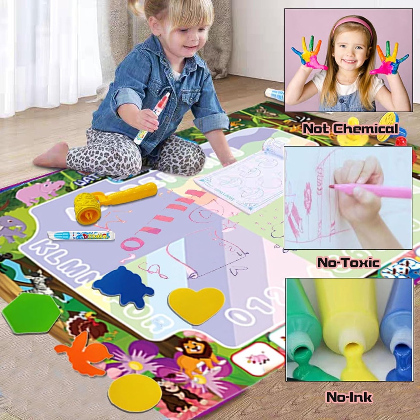 Water Doodle Mat - Magic Water Drawing Mat with Stamps, Roller & Backpack Big Enough Space for 2-3 Kids to Draw Together | No Mess Travel Toy Gift for 3 4 5 6 7 8 Year Old Girls Boys