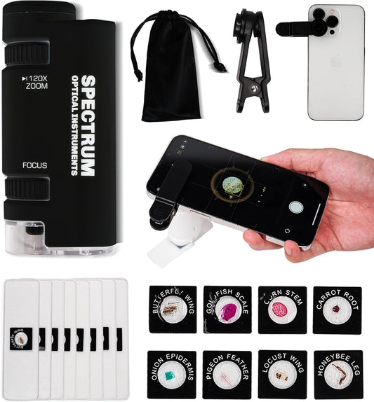 EasyMicro LED Lighted Pocket Microscope 60-120X Magnification Black Color