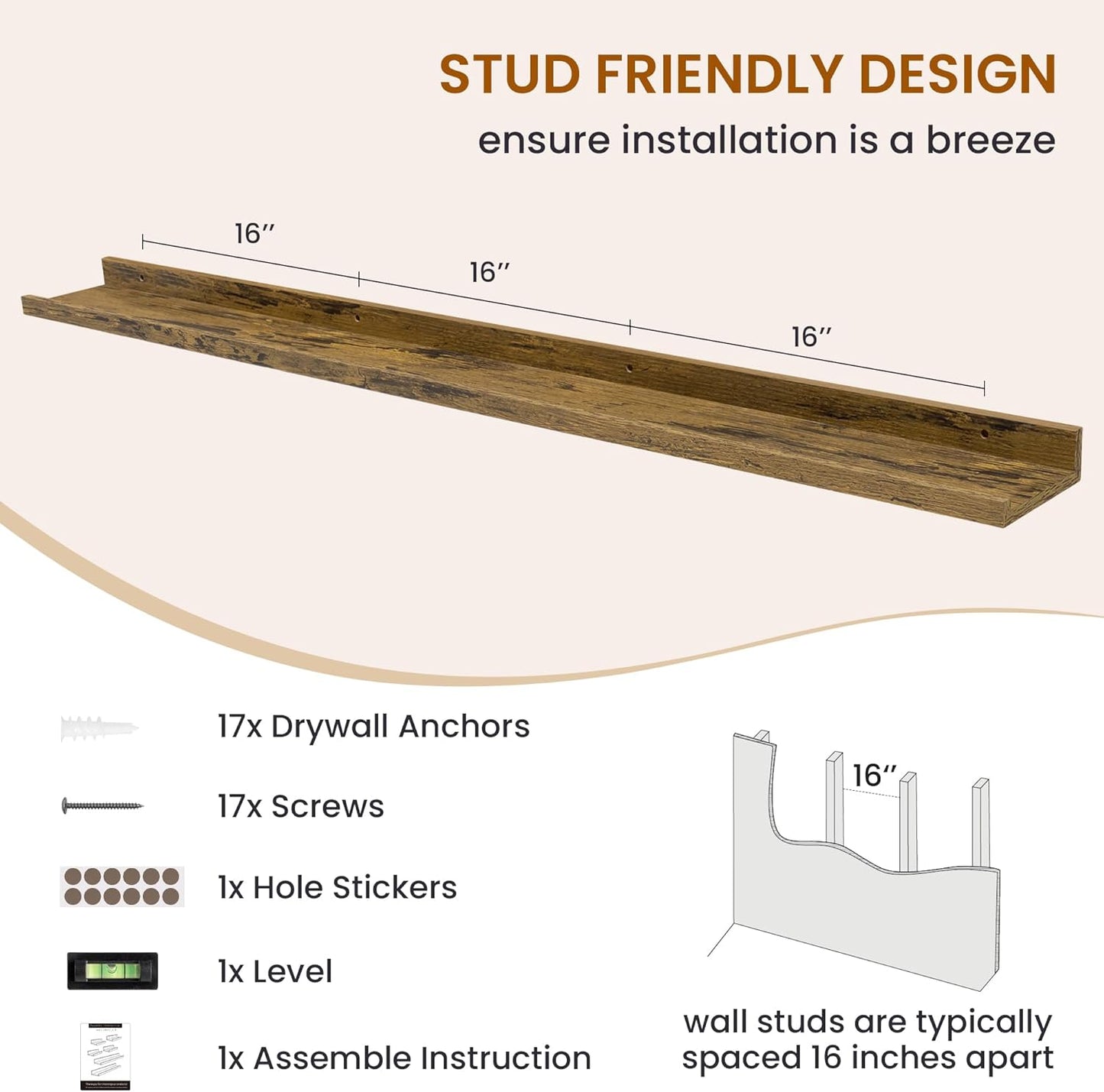 Axeman Picture Ledge Shelf, Floating Shelves for Wall Decor Set of 6, 55 inch Floating Wall Mounted Shelves, Shelves with Lip for Living Room, Bedroom, Nursery, Bathroom, Kitchen, Rustic Brown