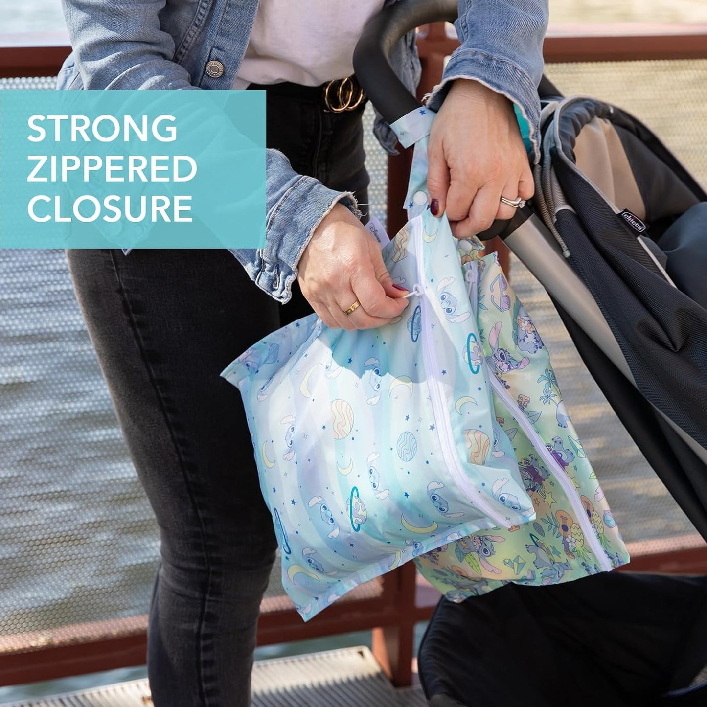 Bumkins - Waterproof Wet Bag - For Baby, Travel, Swim Suit, Cloth Diapers, Pump Parts, Pool, Gym, Toiletry, Strap to Stroller - Reusable & Easy to Clean - 2pk - Disney Stitch