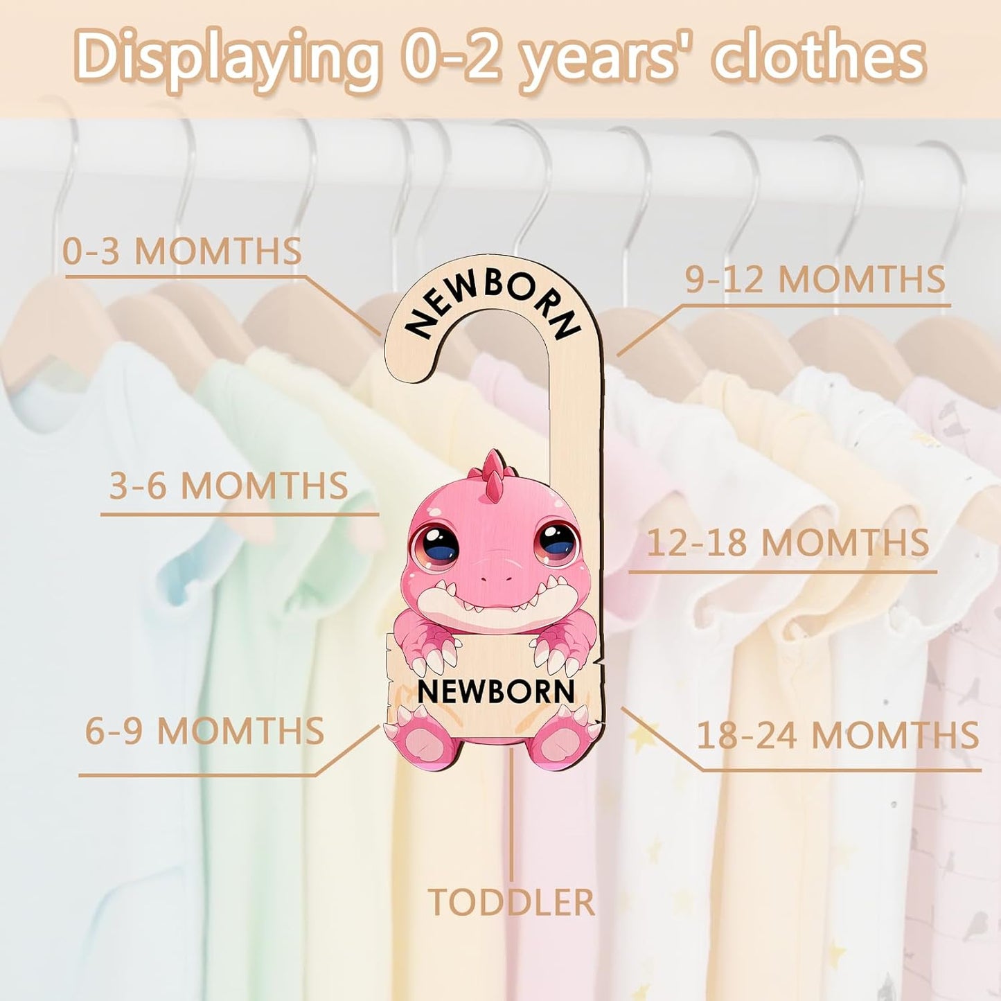 Baby Clothes Dividers for Closet - Wooden Baby Size Closet Dividers Newborn to 24 Months, Unique Dinosaur Design Babies Clothes Organizer for Nursery Decor Gender-Neutral Newborn Hangers (Set of 8)