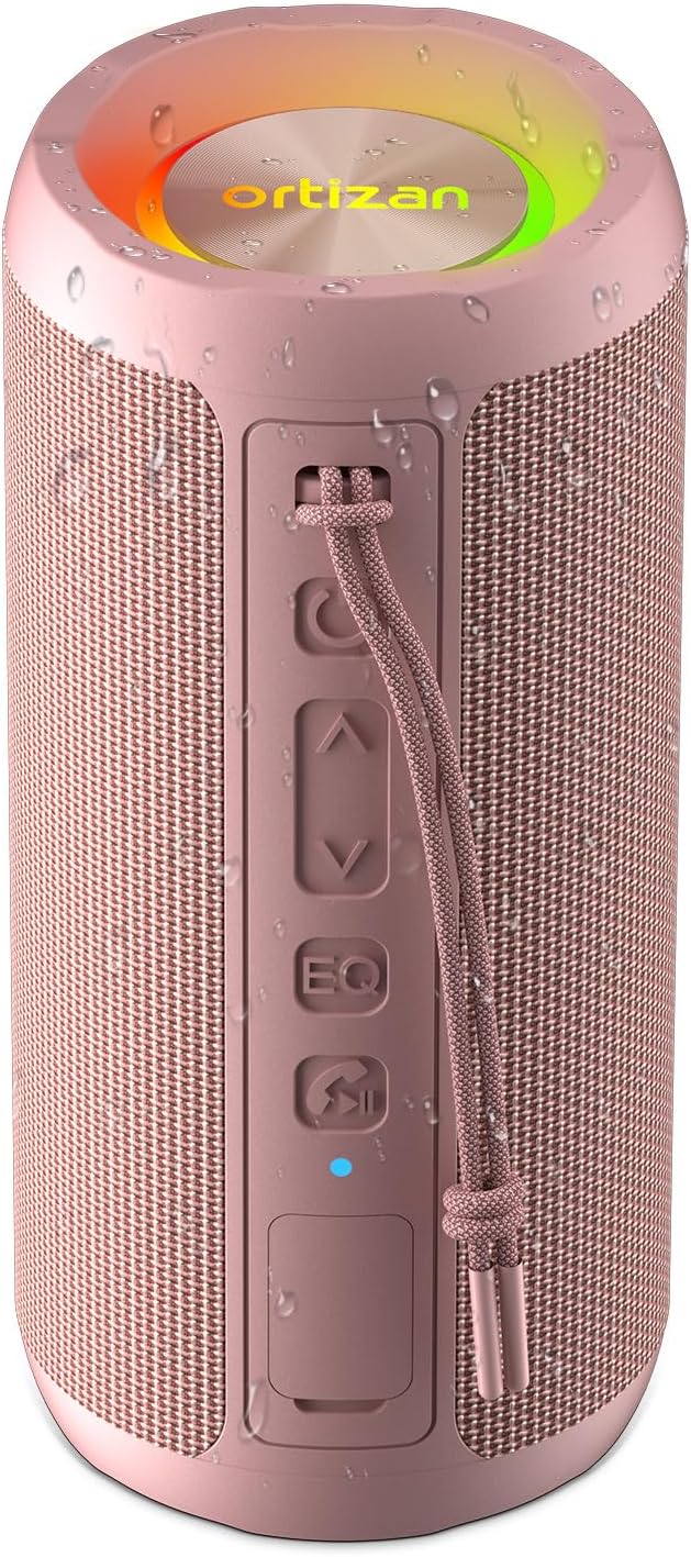Ortizan Wireless Portable Bluetooth Speaker, IPX7 Waterproof, Dustproof and Rustproof, Powerful 24W Sound, Enhanced Bass, 30 Hour Battery, 360° Party Light, and Stereo Pairing (BT 5.3), Gifts - Pink