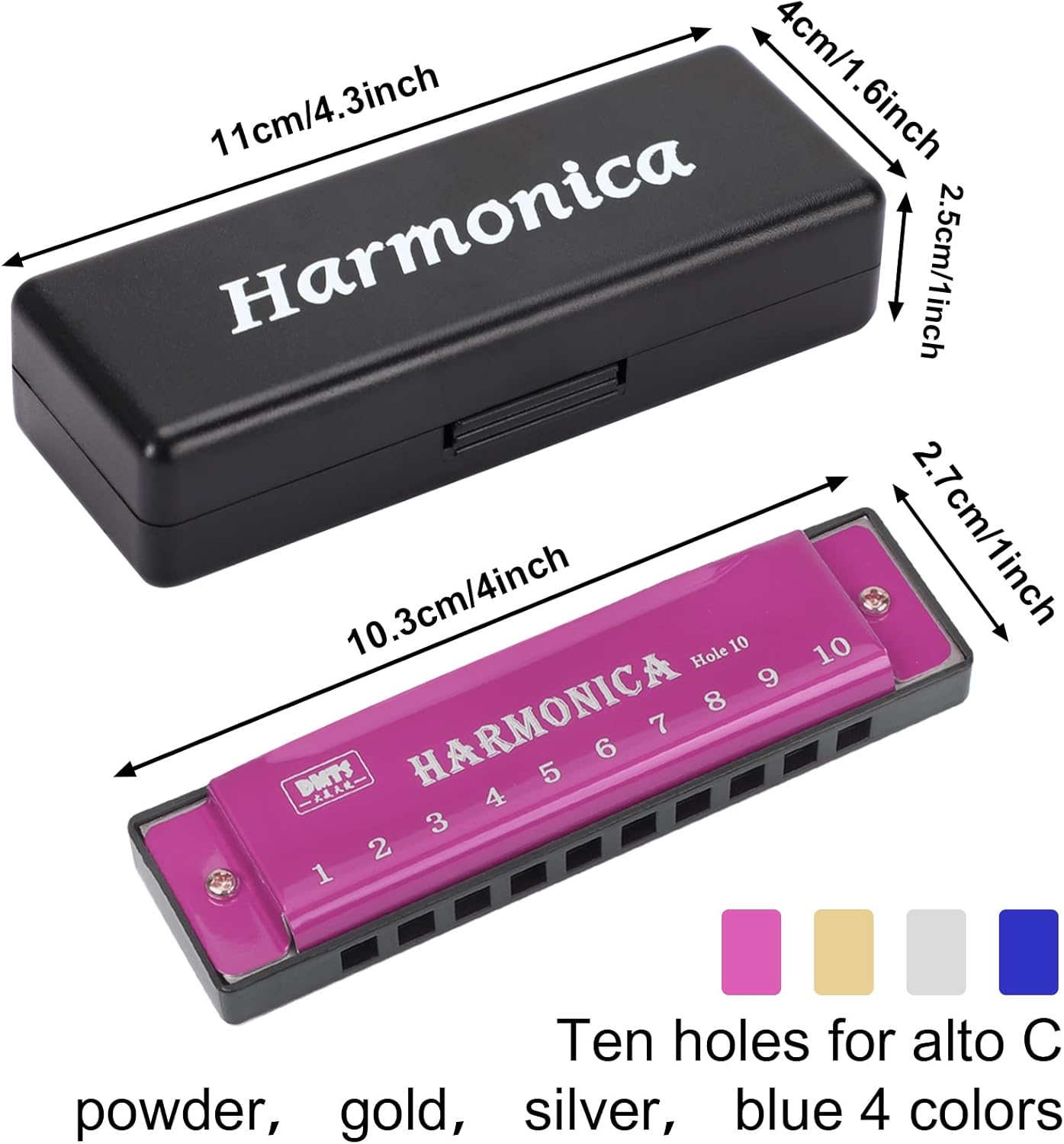 UPINS Harmonica, 4PCS Key of C 10 Hole 10 Tones Titanium Color Harmonica with Case for Beginner Students(Gold, Silver, Pink, Blue)