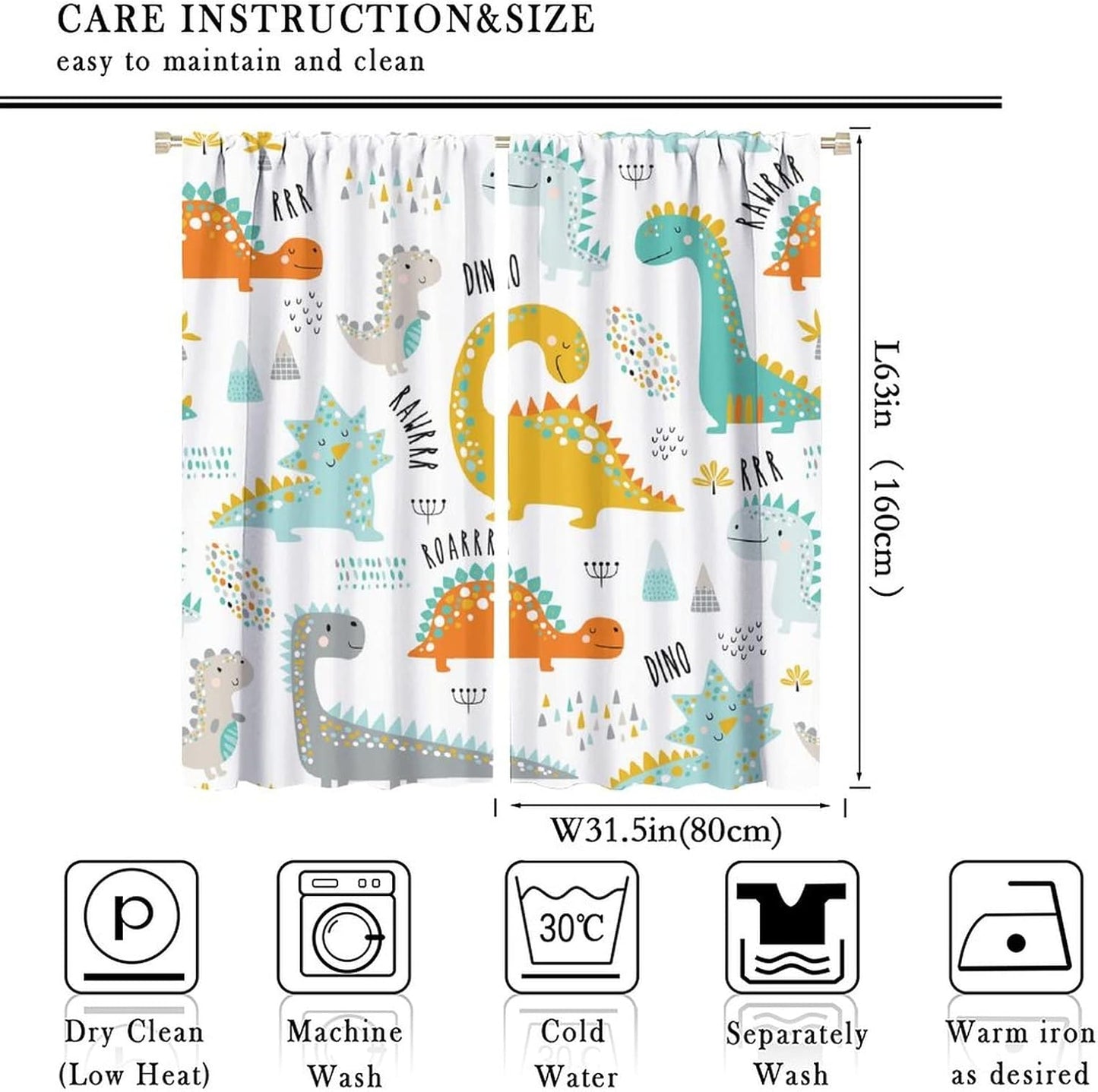 Dinosaur Curtains for Kids Boys Girls Home Decor Childish Cute Dino Animals Print Pattern Rod Pocket Blackout Window Drapes for Nursery Baby Bedroom Playroom W31.5xL63in 2 Panels
