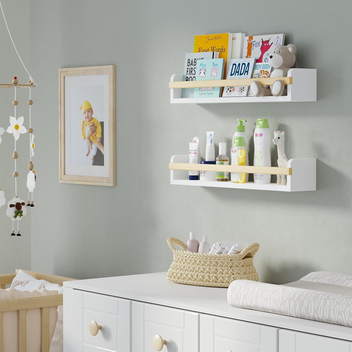 Wallniture Florida 24 inch Wall Bookshelf for Kids Room, Floating Shelves Nursery Decor, Wood White Wall Shelf Set of 2, Kitchen, Bathroom Decor (24'')