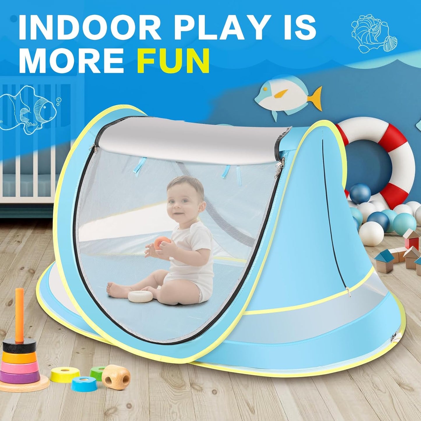 Baby Beach Tent with Baby Hat, Pop Up Toddler Travel Bed with Sun Hat for Boys or Girls, Sun Shade for Toddler Camping, Infant Portable Sun Shade, Summer Beach Baby