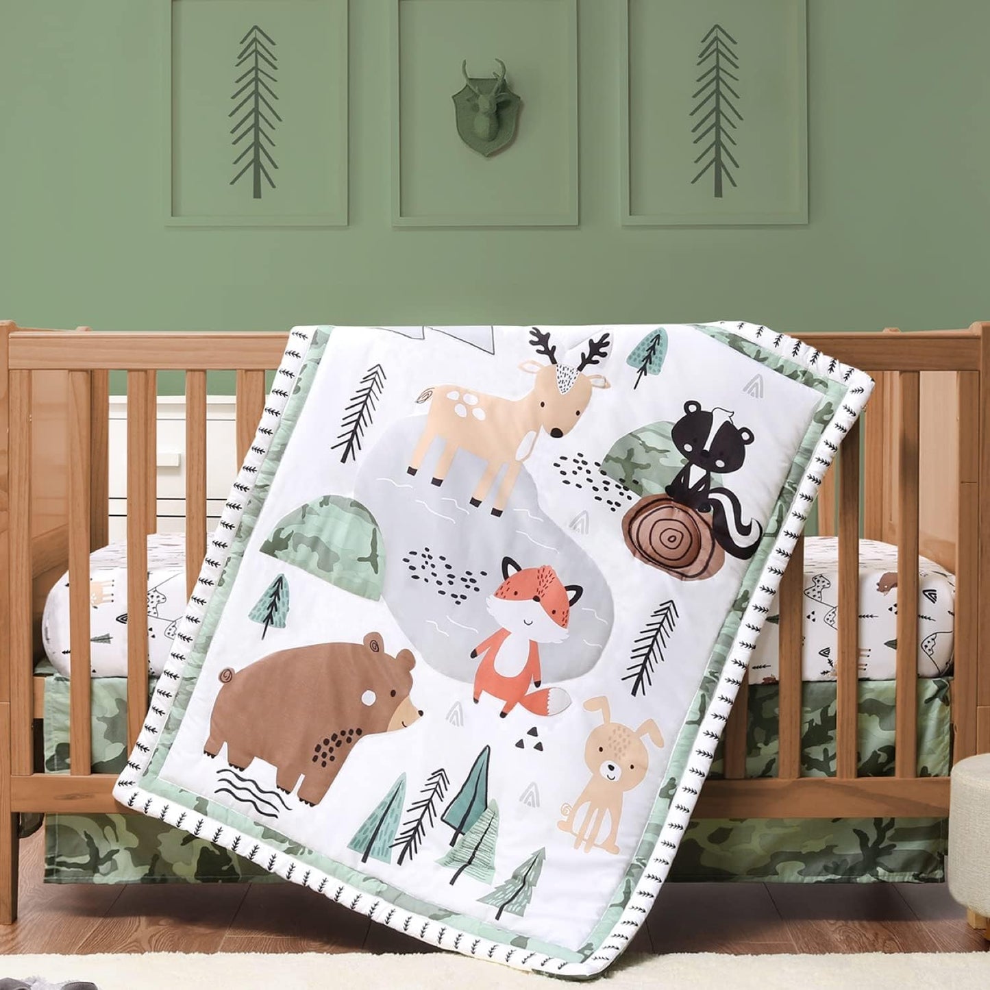 The Peanutshell 3 Piece Baby Crib Bedding Set for Boys - Newborn, Infant & Toddler Nursery Bed Set Decor with Fitted Crib Sheet, Dust Ruffle Comforter - Woodland Camo