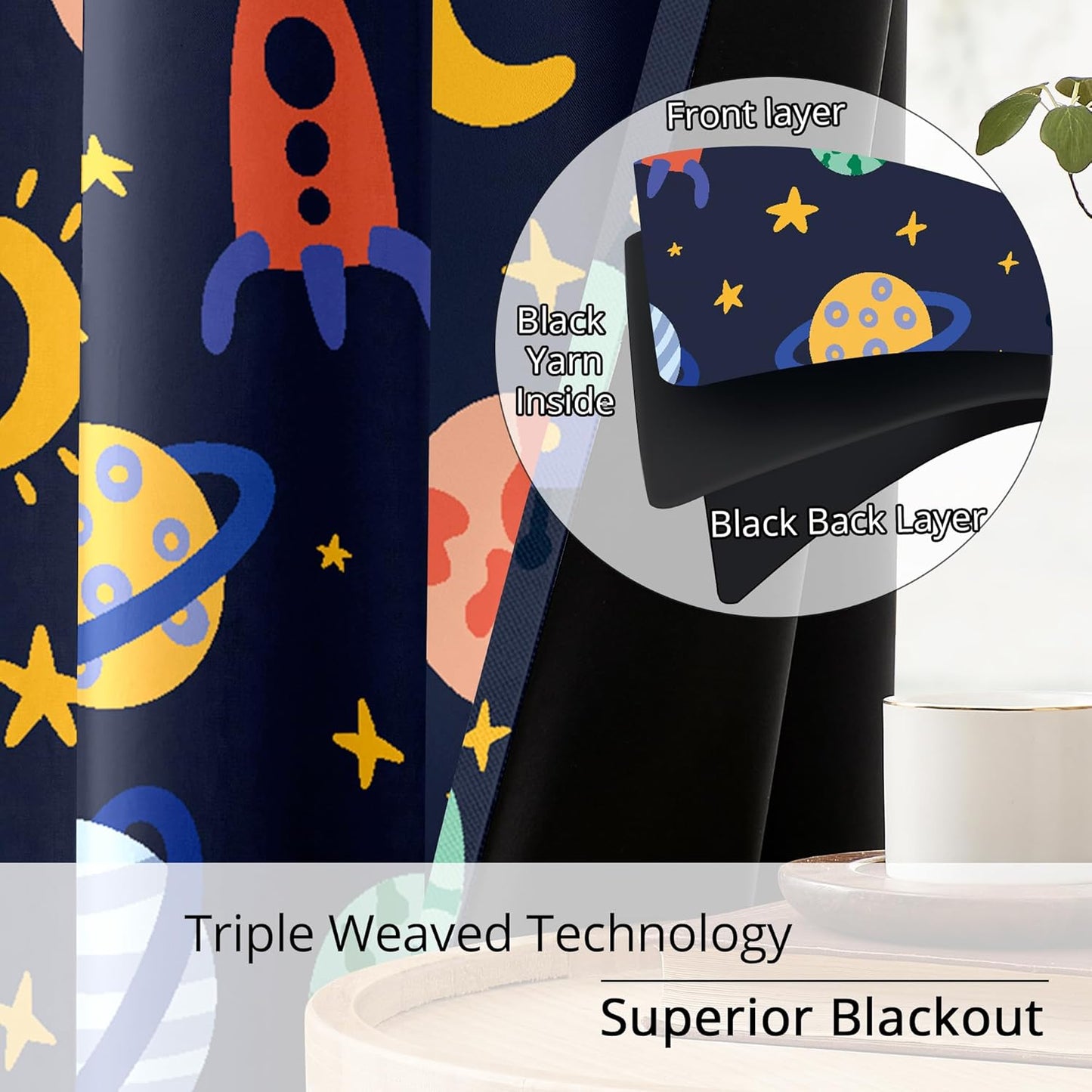Kids Space Rockets Blackout Curtains - 100% Blackout, Thermal Insulated, Noise Reducing, Perfect for Kids Room and Nursery, 2 Panels (Color Pop Rockets, W52×L63)