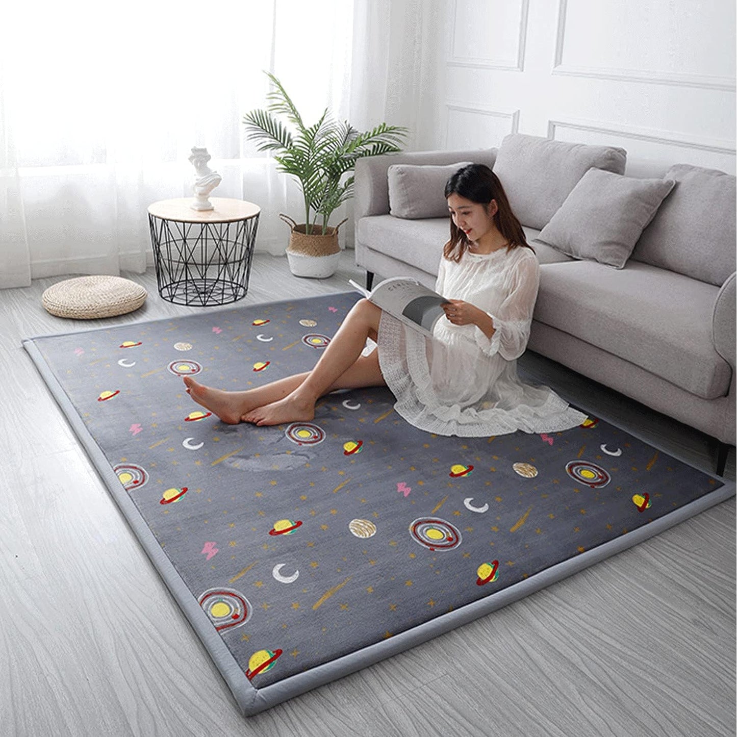 Loartee Coral Velvet Area Rug - 1" Thick Memory Foam Baby Play Mat, Washable Toddler Carpet, Home Decor for Living Room, Nursery, Kids Bedroom, Astral Gray, 5'11"x6'7"