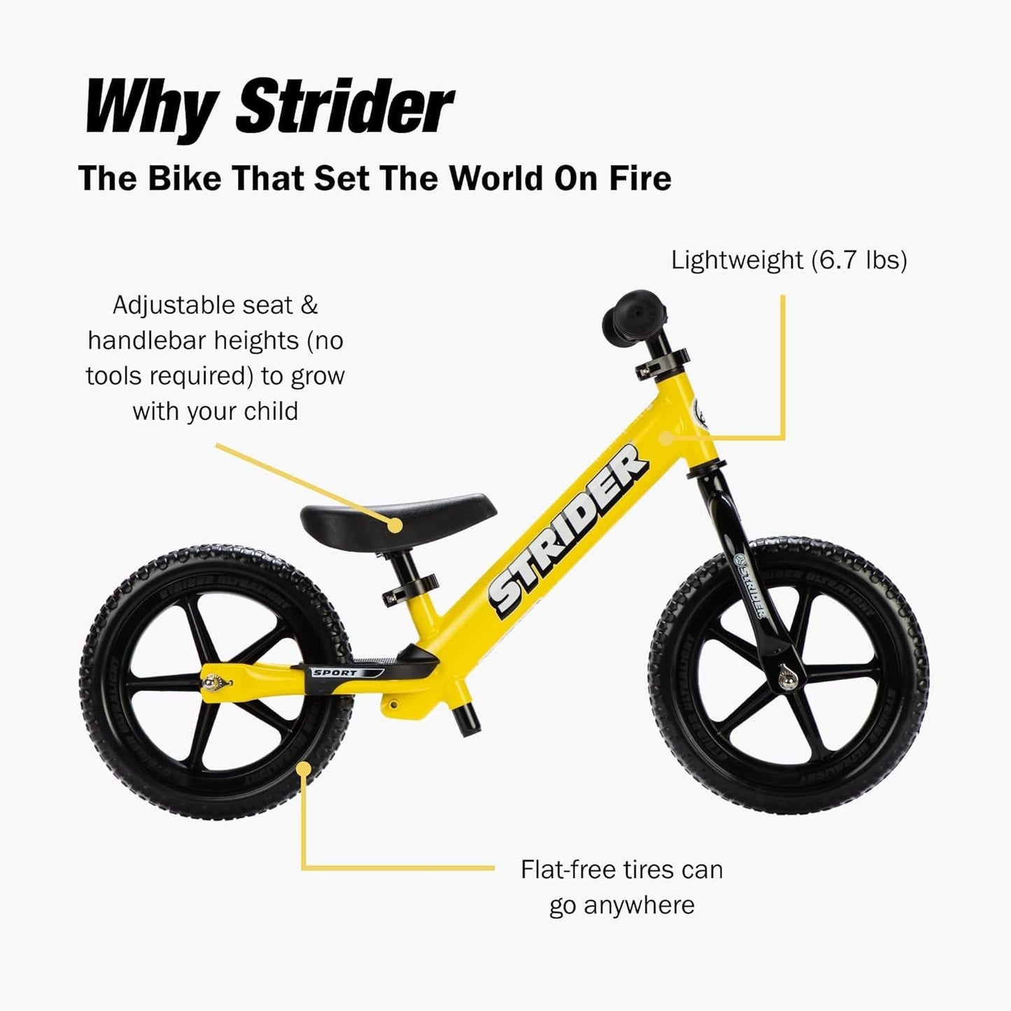 Strider 12” Sport Bike - No Pedal Balance Bicycle for Kids 1 to 4 Years - Includes Safety Pad, Padded Seat, Mini Grips & Flat-Free Tires - Tool-Free Assembly & Adjustments