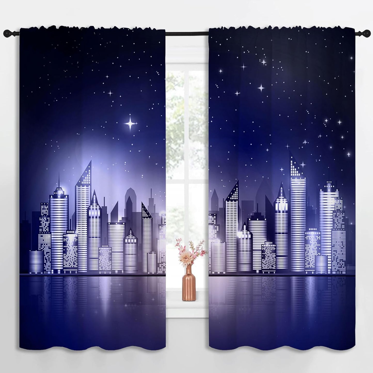 City Rod Pocket Blackout Curtains for Boy Girl Bedroom, New York Skyline Modern City Starry Sky Night View Thermal Insulated Home Window Drapes for Living Room Darkening, 55x63 inch
