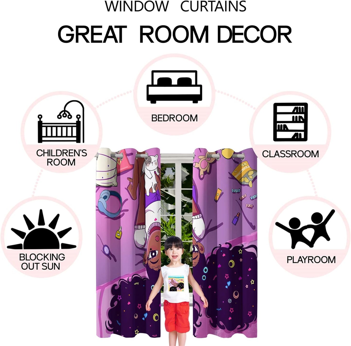 Cartoon Printed Curtains for Bedroom, 82 x 84 inches, Blackout, Grommet Top, 2 Piece Set, Girls Room Curtains, Thermal Insulated