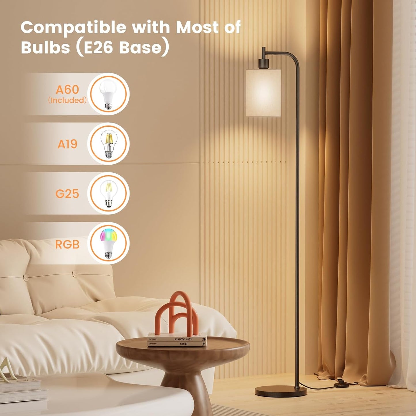 Floor Lamp with Linen Shade, Dimmable Tall Standing Lamp with Remote Control & 3 Color Temperatures, Modern Floor Lamps for Living Room Bedroom Office Corner, 9W LED Bulb Included