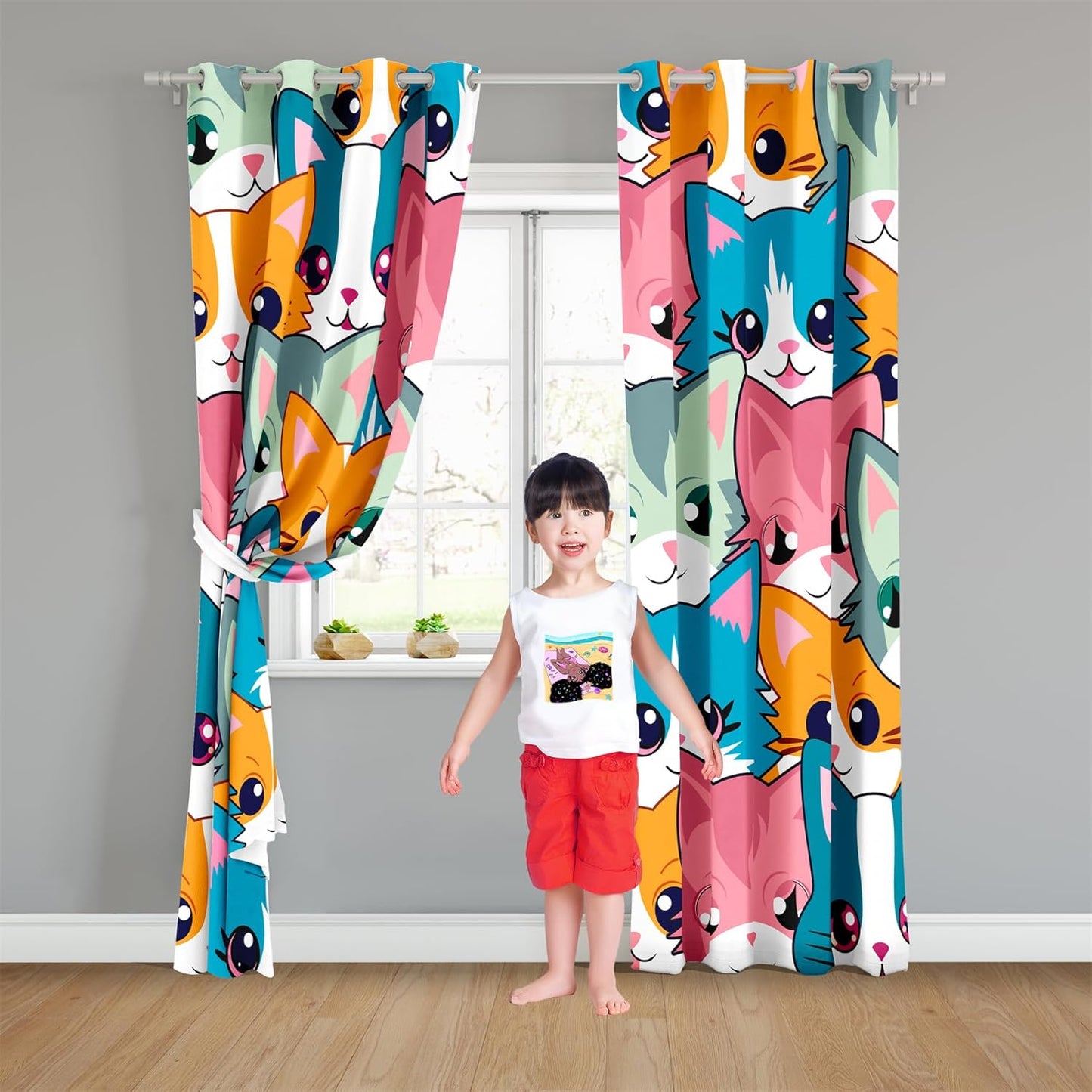 Cat Curtain Panels for Girls - 2Pcs Cat Blackout Curtains for Girls Bedroom, 84W x 84L