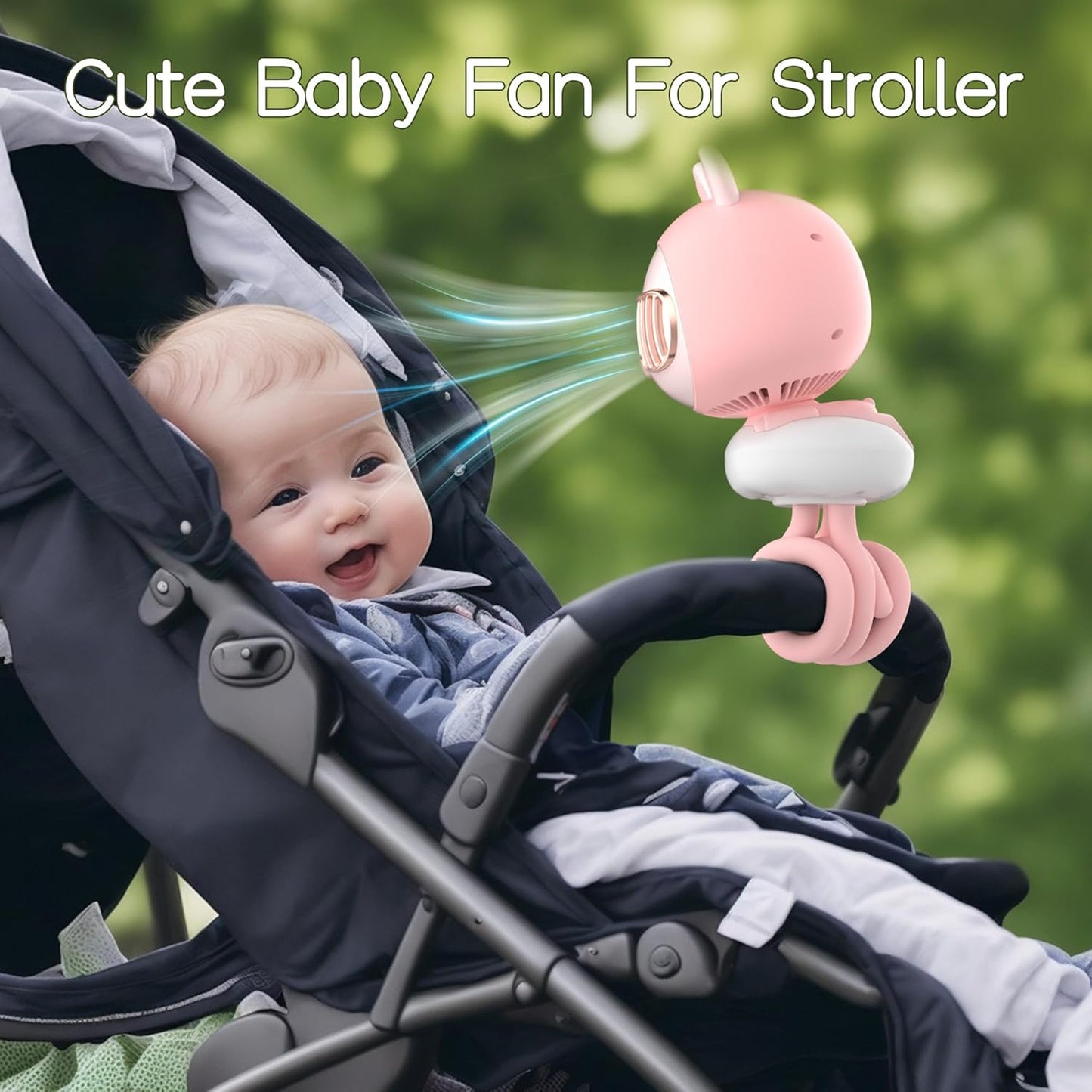 Cute Bunny Stroller Fan Clip On for Baby, Bladeless Fan 4000mAh Rechargeable Battery Operated, Flexible Tripod, 4 Speeds, Auto Oscillating, Small Cooling Fan for Kids