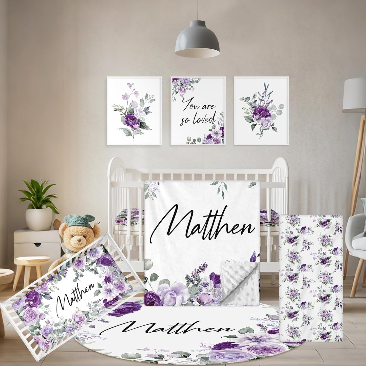 Personalized Baby Bedding Set - 5 Pcs Custom Toddlers Bedding Set with Infant Name - Soft Double Layer Nursery Crib Set for Girls Boys - Customized Infant Gifts for Baby Shower - Purple Flowers