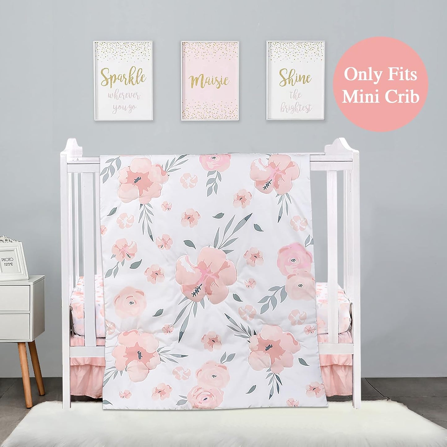 PINNKKU 3-Piece Crib Bedding Set for Boy Girls, Includes Crib Skirt, Blanket, Sheet, Baby Bedding, Floral, Mini Size