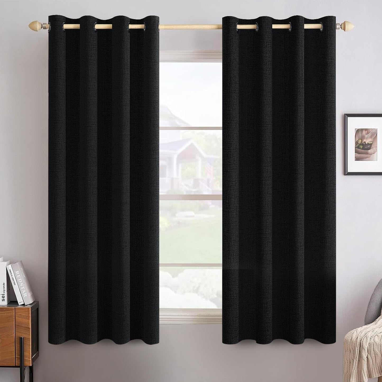 MIULEE Linen Texture Curtains for Bedroom Solid 100% Blackout Thermal Insulated Halloween Black Curtains Grommet Room Darkening Drapes for Living Room Nursery 52x63 Inch (2 Panels)