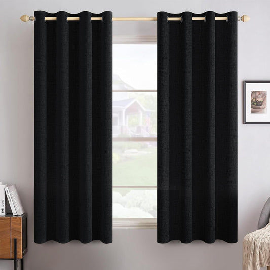 MIULEE Linen Texture Curtains for Bedroom Solid 100% Blackout Thermal Insulated Halloween Black Curtains Grommet Room Darkening Drapes for Living Room Nursery 52x63 Inch (2 Panels)