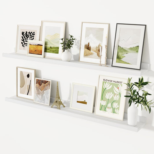 White Long Picture Shelves for Wall with Ledge, Solid Wood Floating Shelves with Lip, Wall Mounted Storage Shelves for Kitchen, Living Room, Bedroom, 48 Inch Long, Set of 2